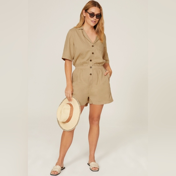 Faherty Arlie Khaki Linen Romper In Small - Picture 1 of 9
